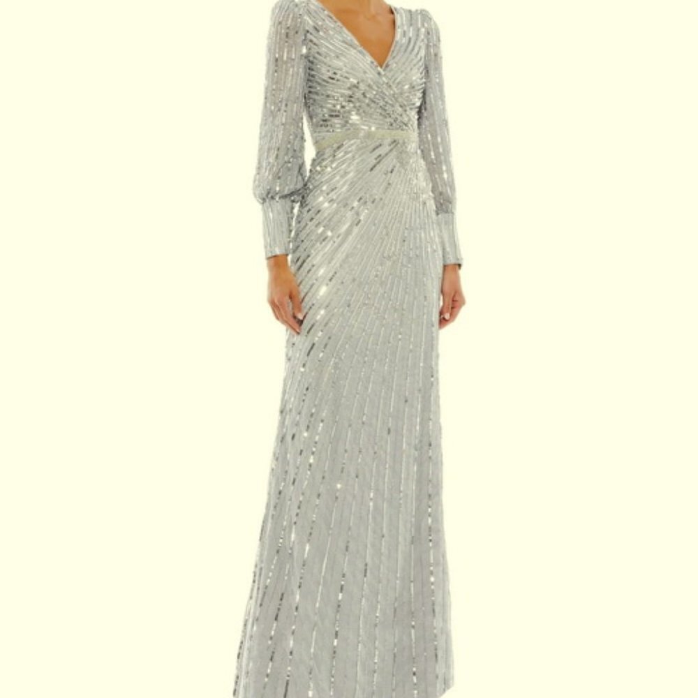Mac Duggal Silver Gray Sequin Beaded Long Sleeve Sheath Gown